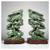 PAIR CARVED JADE FIGURAL GROUPS WITH CRANE, BAT & DEER | Jade OR serpentine - 20th century, the matc