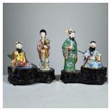 (2pc) Cloisonné Figures | Two sets of two cloisonné and painted bone figures, each mounted on carved