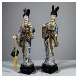 (2pc) Chinese Cloisonné Figures | Two female figures decorated in cloisonné and with painted bone fa