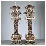 PAIR LARGE CARVED BONE JAPANESE PAGODA TOWERS | Monumental carved and stained bone pagoda towers wit