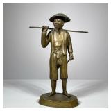 Chinese Brass Statue | Farmer with hat and tools for reaping crops, no apparent markings. - h. 9.5 x