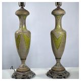 Pair Enameled Bohemian Glass Lamps | With green decoration; lamp h. 24 in. - h. 41 x dia. 8 in (over