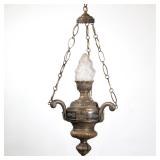 Hanging Lantern Style Fixture | Hanging light fixture designed as a three arm lamp with frosted glas