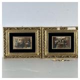 (2pc) Judaica Porcelain Plaques | Gold frames with black velvet matting surround painted porcelain p