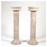 Pair Stone Display Pedestals | Marble or other variegated stone display columns, heavy! Round tops. 
