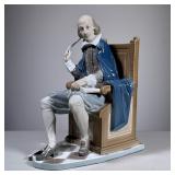 Lladro Shakespeare | Lladro porcelain figure showing Shakespeare sitting in chair with book and quil