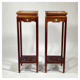 Pair Chinese Display Stands | Carved wood pedestal display stands with inset stone tops and stone ca