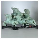 Chinese Soapstone Horse Carving | Stallions running, carved in light green stone, on conforming wood
