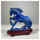 Carved Lapis Horse | Carved blue lapis lazuli horse figure attached on a wood stand. - h. 6 x w. 2 x