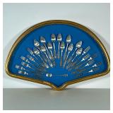 Framed Pewter Flatware | In a fan shaped gilt shadow box frame. - h. 16.5 x w. 24.5 x d. 1.75 in (fr