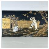 Japanese Decorated Wood Panel | With applied bone and mother of pearl and gilt paint, unframed. - h.