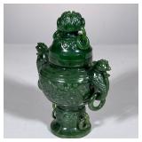 CHINESE CARVED JADE LIDDED CENSER | 20th century, with rooster mounts and three pairs of ring turnin
