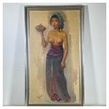 THAI / ASIAN OIL PAINTING OF WOMAN |Showing a topless girl holding a basket Oil on canvas. 40 x 22 i