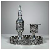 (3pc) Judaica Set | Queen Art Pewter, Brooklyn, NY, three-piece set with openwork decoration and mat