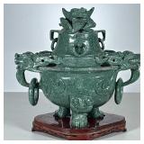 Chinese Carved Censer | Soapstone or other green stone, with reticulated ring turnings, on conformin