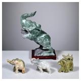 (4pc) Chinese Carved Elephants | Elephant figurines in carved soapstone, serpentine, and other stone