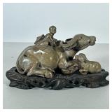 Chinese Soapstone Carving | Showing a child on a water buffalo, on a conforming carved stand. - h. 4