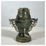 Chinese Soapstone Censer | Carved green soapstone or serpentine lidded censer with underplate, with 