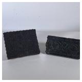 (2pc) Carved Wood Pattern Blocks | Two black wood carved pattern printing blocks, with hanging wire 