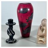 (3pc) Ethnographic Art | Including a pink vase with fish decoration, a black twisted candlestick hol