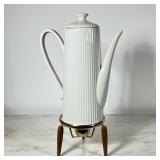 (2pc) Mid Century Coffee pot| White tall pot with tripod wooden leg stand with candle warmer. - h. 1