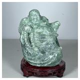 Carved Jade Buddha Figure | Carved jade or other green stone, on a conforming wood stand (not attach