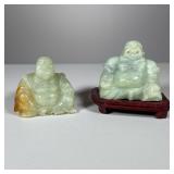 (3pc) Carved Buddhas | Stone laughing buddha figures. One on wood stand. - h. 4 x w. 2.5 x l. 4.5 in