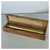 Brass Telescope | Brass monocular in a fitted wooden case with brass banding and an applied anchor e