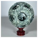 Chinese Carved Puzzle Ball | Soapstone carved reticulated puzzle bowl with wood stand, in a fitted b