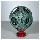 Chinese Serpentine Puzzle Ball | Reticulated carved serpentine sphere with wood stand, in fitted lin