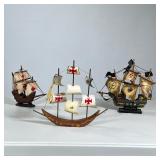 (3pc) Small Model Ships | Three colonial model ships, including Santa Maria and a ship with bone fla