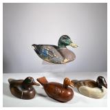 (4pc) SMALL DUCK DECOYS | Lot of 3 carved wood & painted small duck decoys, plus a larger compositio