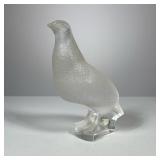 Lalique Crystal Bird | Frosted glass bird standing on small platform, with acid etched script "Laliq
