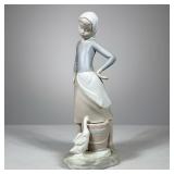 Lladro Girl With Duck | Lladro porcelain figure showing a girl performing chores with a duck drinkin