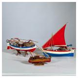 (3pc) Painted Model Sailboats | Red white and blue painted ships, including one signed and dated 79.