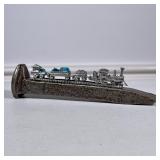 Pewter Train | Miniature train with turquoise on a large railway nail. - h. 2 x w. 1 x l. 7 in