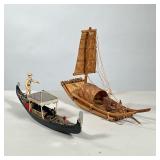 (2pc) Model Boats | Including a woven bamboo style sailboat and a Venetian gondola. - l. 13 in (gond