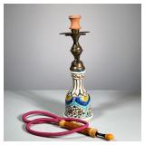 CERAMIC & Brass Hookah | Glazed ceramic hookah with brass stem & terracotta bowl with hose. - h. 16 