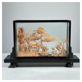 MINIATURE CARVED WOOD SCENE | Asian miniature carved wood scene in black lacquered display box, show