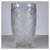 Cut Crystal Vase | A large leaded crystal barrel vase decorated with cut roses and stars, possibly C