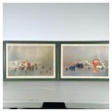 (2pc) Still Life Prints | Two tabletop still life scenes with fruit, in green carved wooden frames, 