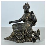 Bronzed Figure Of A Woman | Classical gilt metal sculpture of a woman with horn and pheasant. - h. 9