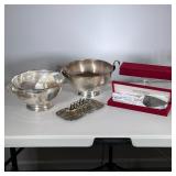 (5pc) Silver plate Serving Items | Including two Indian serving bowls with bird handles, a toast ser