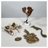 (6pc) ROSE GROUP | Various brass & metal rose pieces including a pair of rose-form hooks, a floral s