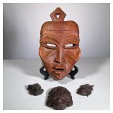 (4pc) CARVED WOOD MASKS & FACES | Large carved wood mask and 3 small decorative carved wood face. - 