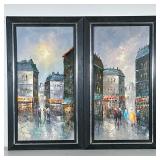 (2pc) Cityscape Paintings | Oil on canvas, each signed, in dark wood frames. - h. 28 x w. 16 in