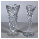 (2pc) Cut Glass Vases | One etched glass vase, and a smaller bud vase made in Western Germany. - h. 