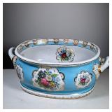 Limoges Porcelain Jardiniere | Double handles, flowers in reserves on a blue ground, marked on the b