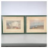 (2pc) Framed Landscape Prints | Prints of pastel paintings of complimentary scenes, each matted in g