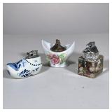 (3pc) TABLE LIGHTERS| Ceramic & acrylic table light, including a Delft style shoe-form lighter, and 